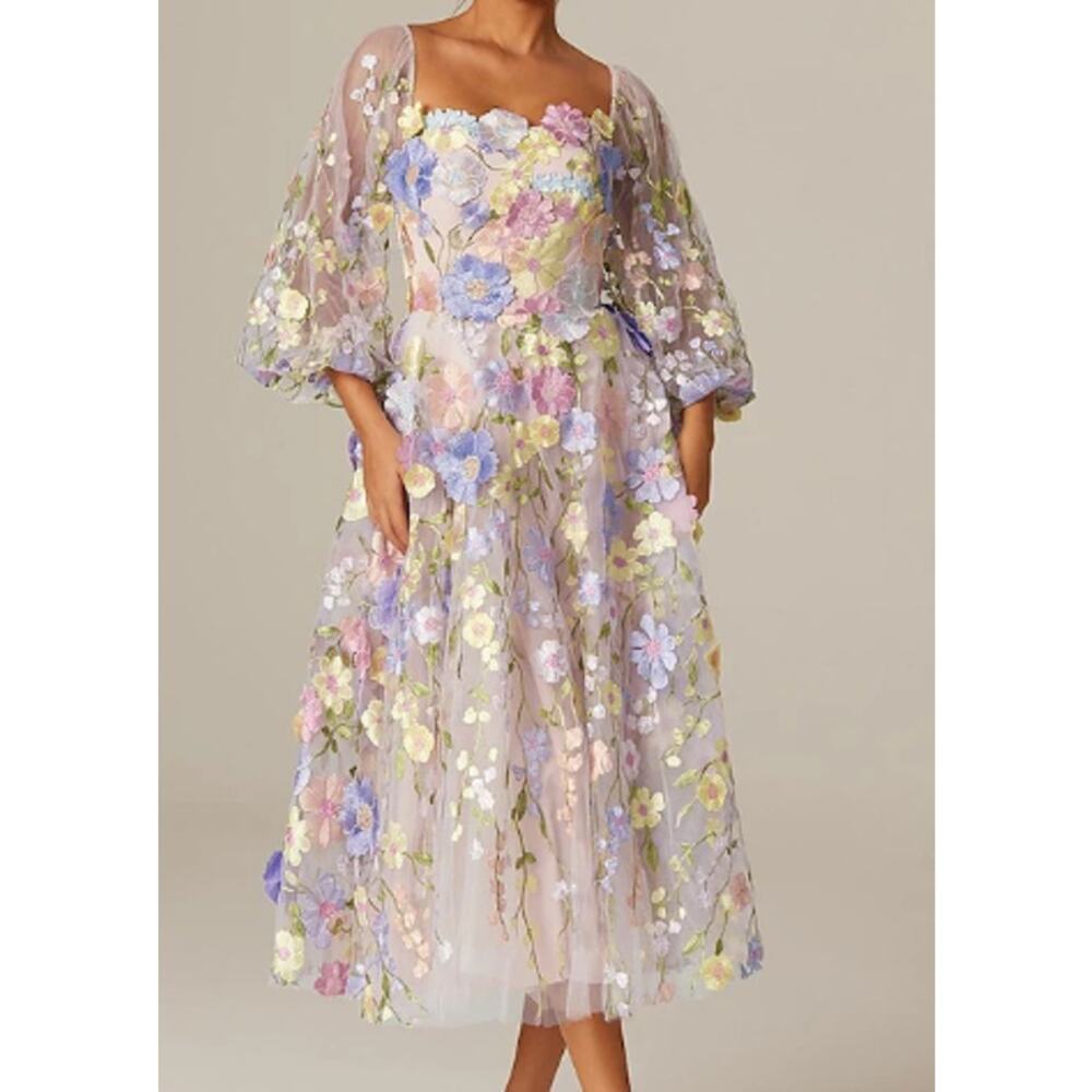 AW Bridal 3D Floral Embroidered Midi Dress in Lavender and Pastels Size 16